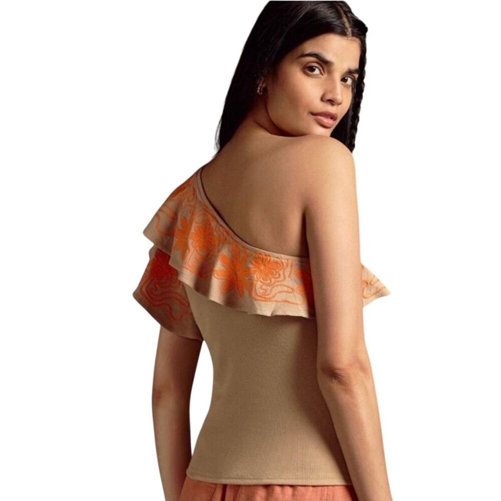 Dolan One Shoulder Tan Ribbed Knit Top Women’s L Orange Embroidered Floral Trim - Picture 2 of 10